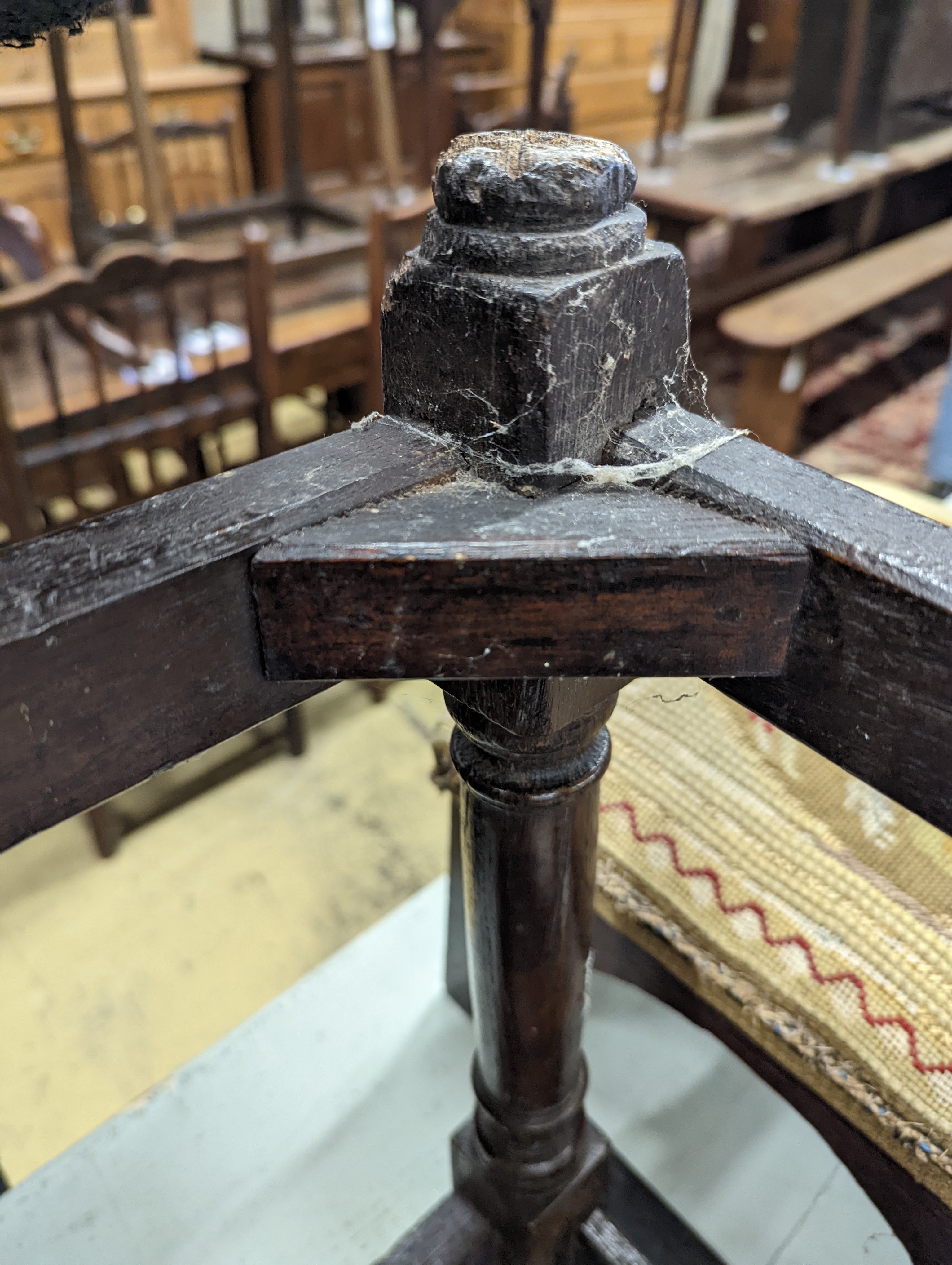 A 17th century style oak joint stool, width 46cm, depth 26cm, height 46cm and a George III stool with Victorian needlework seat, length 33cm
